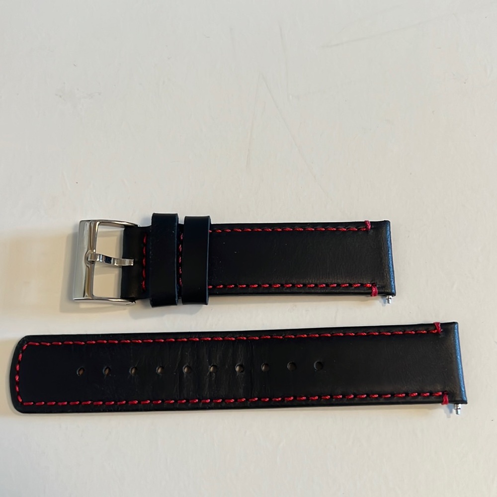 Barton Watch Band Strap Leather in black with red stitching 21 mm